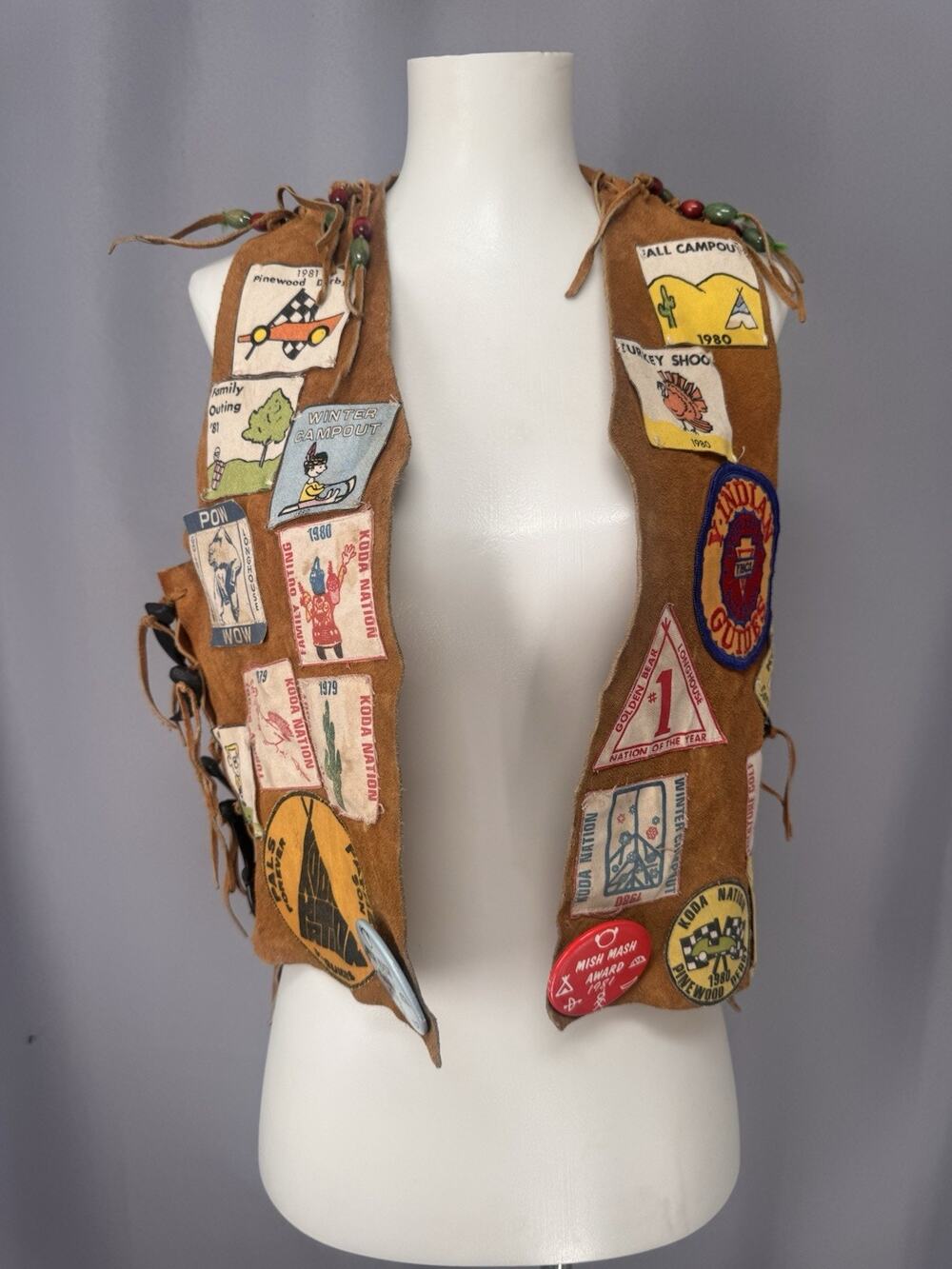 Vintage Indian Guides Suede Leather Vest Lots Of Patches YMCA Camp 1970's Retro